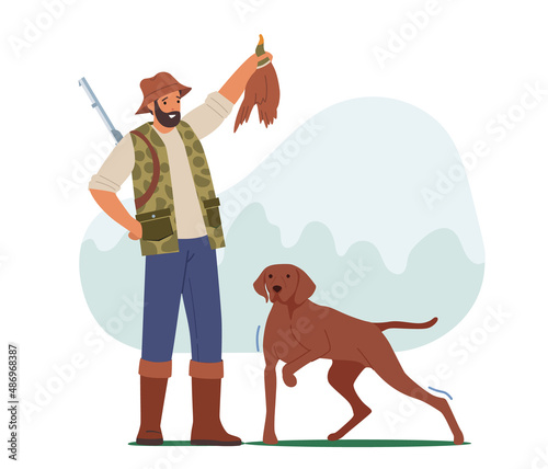 Hunter with Rifle and Dog Show Duck, Man Ranger Hunting Hobby, Sport or Outdoor Activity, Male Character with Weapon