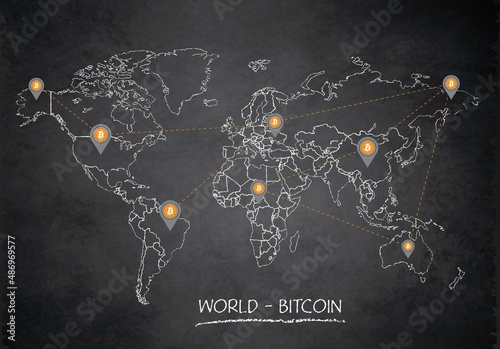 World map, bitcoin network and location pointer, design card blackboard chalkboard vector
