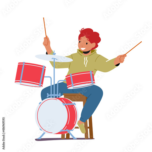 Boy Drummer Playing Musical Composition, Jazz Performance on Stage or Exam, Kid Take Part in Talent Show, Child Artist