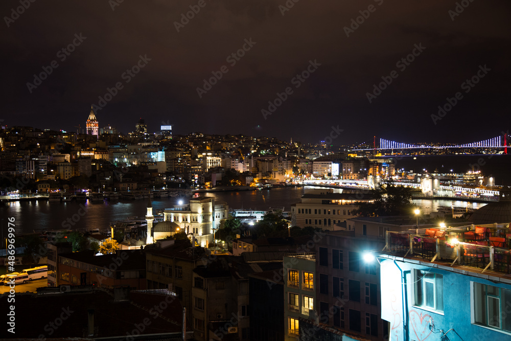 Fototapeta premium Istanbul city night view. A view of Istanbul city center photographed from above at night. A wonderful Istanbul night. lights of istanbul city.