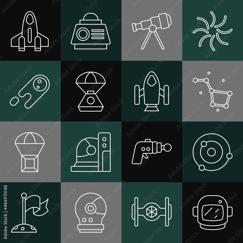 Set line Astronaut helmet, Solar system, Great Bear constellation, Telescope, Space capsule, Comet falling down fast, Rocket ship and icon. Vector Set line Astronaut helmet, Solar system, Great Bear constellation, Telescope, Space capsule, Comet falling down fast, Rocket ship and icon. Vector