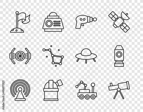 Set line Radar, Telescope, Ray gun, Astronomical observatory, Moon with flag, Great Bear constellation, Mars rover and Rocket ship icon. Vector