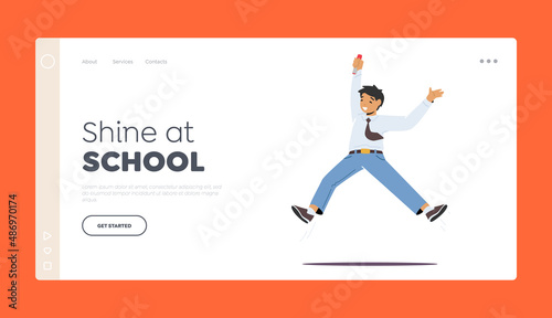 Childhood, Fun and Motion Concept for Landing Page Template. Happy School Child Jumping. Little Boy Happily Playing