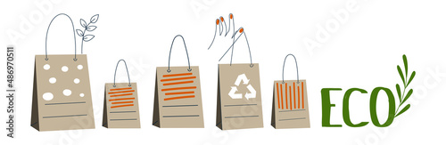 Eco friendly, reusable and recycle kraft bag. Recycling, zero waste, go green concept. Paper pack set. Eco-friendly shopping cardboard craft pack. Organic delivery. Flat vector cartoon illustration