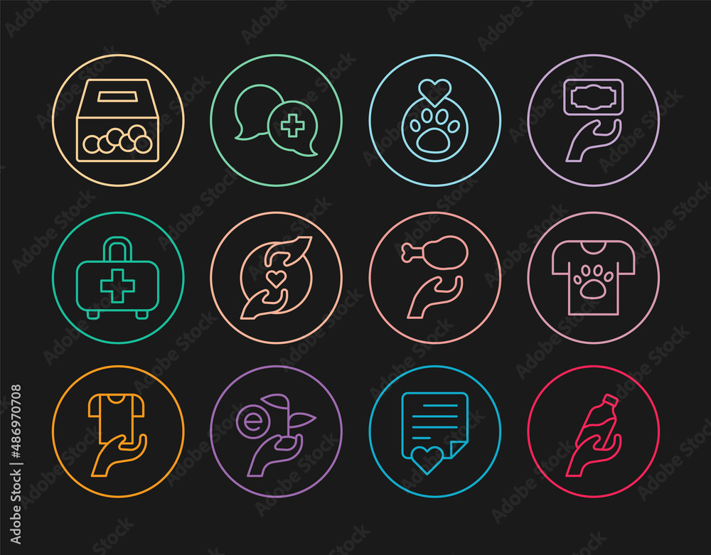 Set line Donation water, Animal volunteer, Heart with animals footprint, Pleasant relationship, First aid kit, and charity, food and Dialogue doctor icon. Vector