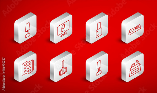 Set line Bottle of nail polish, Manicure, False nails, Milling cutter for manicure, Nail scissors and Toe separator pedicure icon. Vector