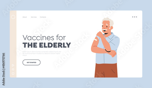 Elderly People Immunization, Vaccination Landing Page Template. Old People Health Care Concept. Vaccinated Senior
