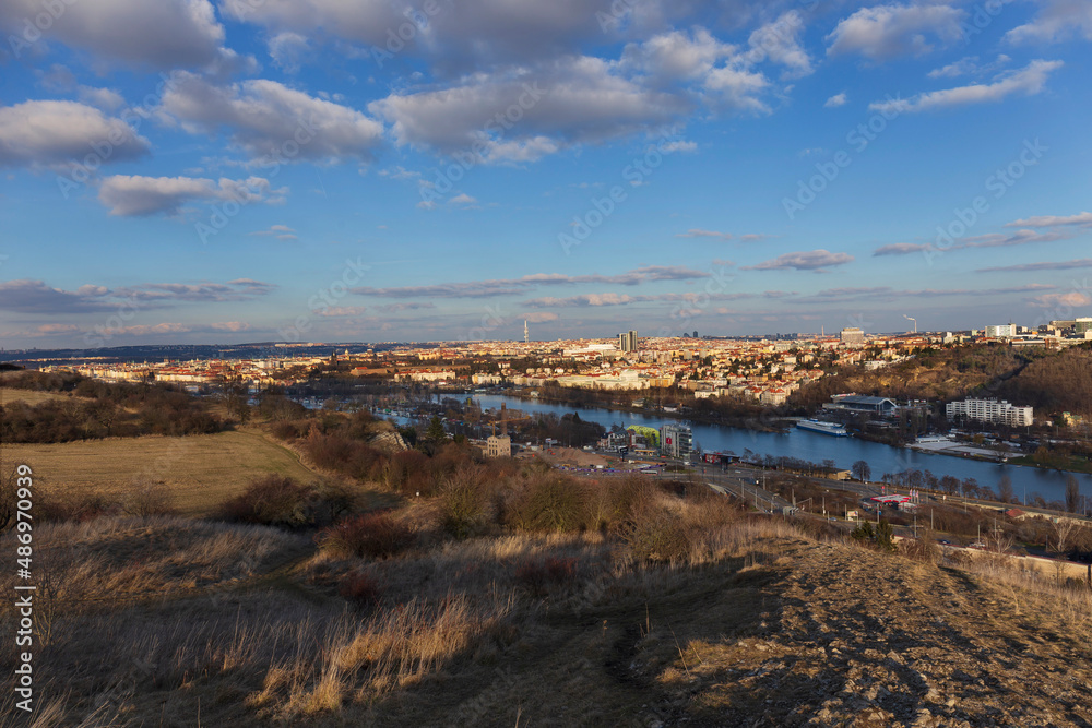 Winter Prague City from the Hill Devin in the sunny Day, Czech Republic