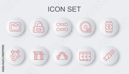 Set line Protein sport bar, Sports doping with dumbbell, Dumbbell, Locker changing room, Bathroom scales, bag, Uneven bars and Metal rack weight icon. Vector