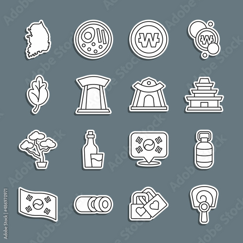 Set line Korean hand fan, lantern, temple, South won coin, gate, Kimchi, map and icon. Vector