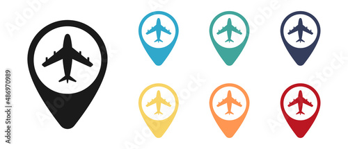 Plane, flight, airplane concept vector icon set, label on the map. Illustration