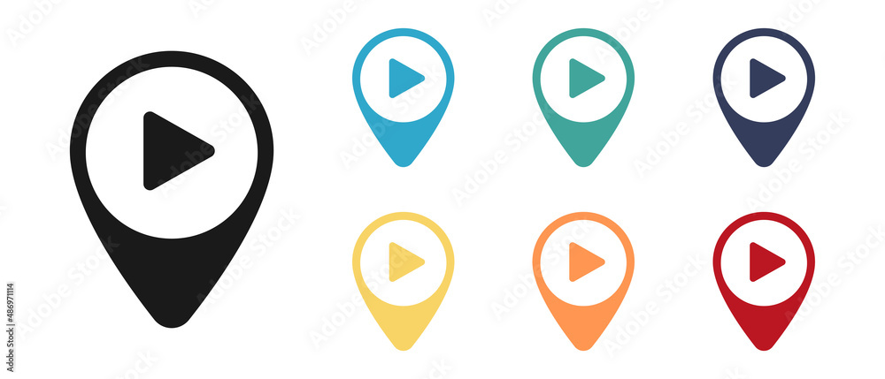 Play, proceed concept vector icon set, label on the map. Set of multicolored icons. Illustration