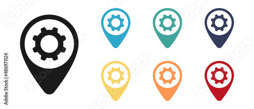 Gear wheel, mechanism concept. Label on the map. Set of multicolored icons. Illustratione