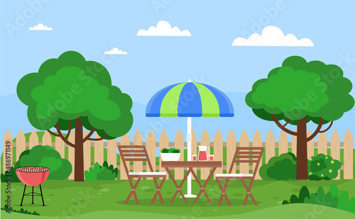 House backyard with furniture, trees, bushes, lawn, flowers. Relax zone with table, chears, barbecue. Vector illustration in flat style.