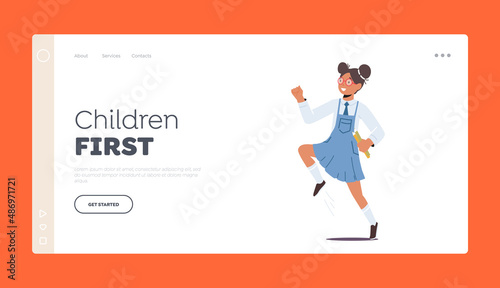 Children First Landing Page Template. Youth, Happiness and Freedom. Little Pupil Girl Playing and Jumping, School Child