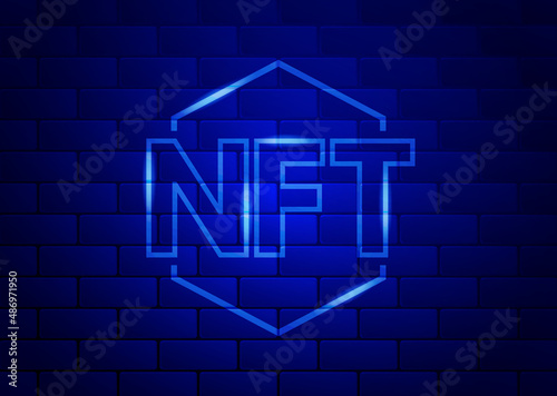 Concept banner NFT non fungible tokens on dark blue brick wall background. Vector illustration
