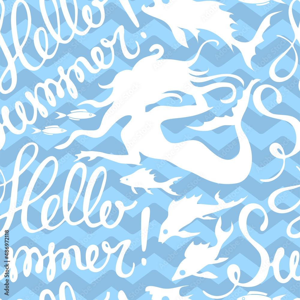 Vector seamless blue and white background with silhouettes of fish and mermaids