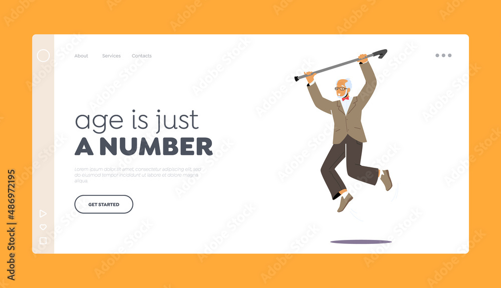 Happy Old Male Character Celebrate Success, Victory Landing Page Template. Adult Businessman Bearded Man Pensioner Joy