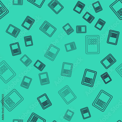 Black line Safe icon isolated seamless pattern on green background. The door safe a bank vault with a combination lock. Reliable Data Protection. Vector