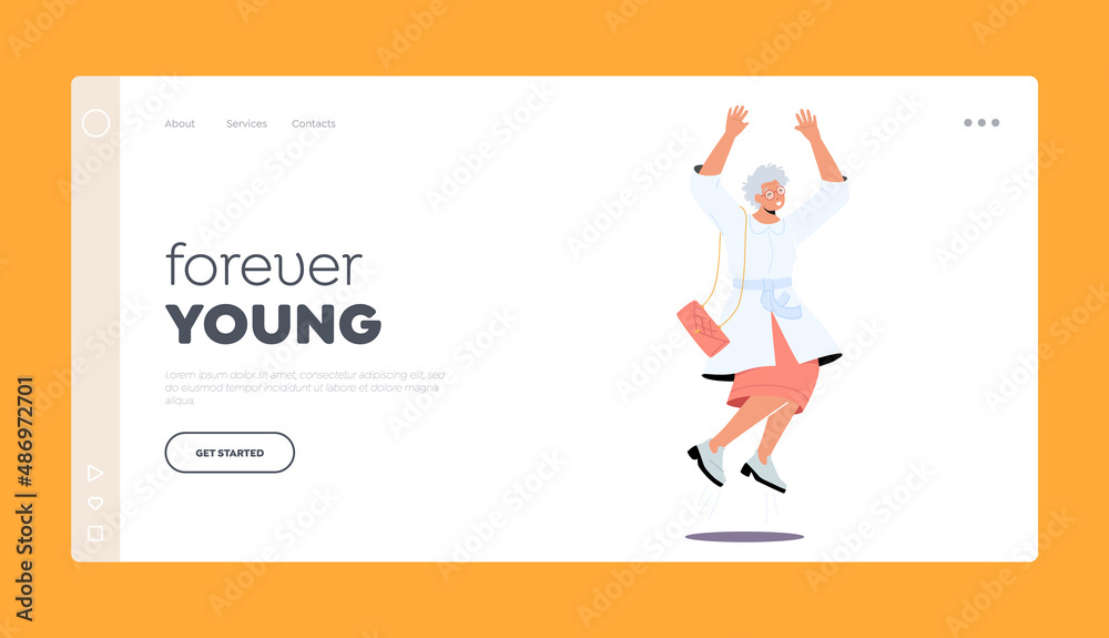 Positive Old Woman Landing Page Template. Happy Excited Female Character Jump with Raised Hands, Cheerful Grandmother