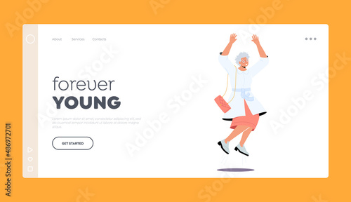 Positive Old Woman Landing Page Template. Happy Excited Female Character Jump with Raised Hands, Cheerful Grandmother