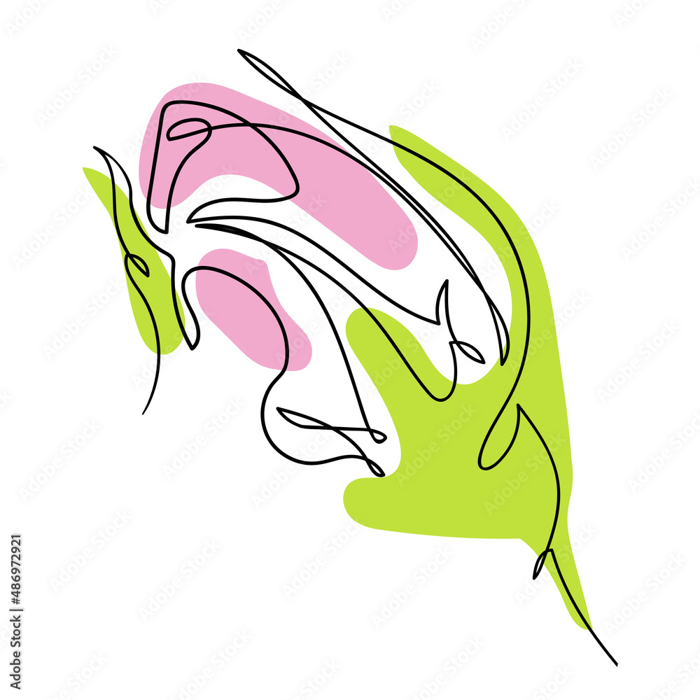 Vector one line illustration of a stylized rosebud with pink and light green color shapes. Floral element for invitation, label or fashion design. - obrazy, fototapety, plakaty 