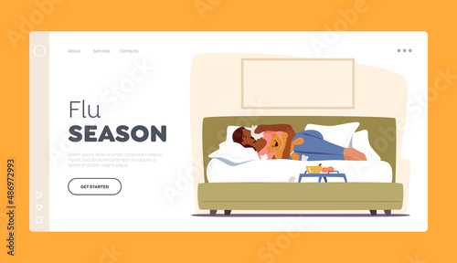 Flu Season Landing Page Template. Diseased Woman Sneezing with Wipe Lying on Sofa at Home. Viral Infection Sickness