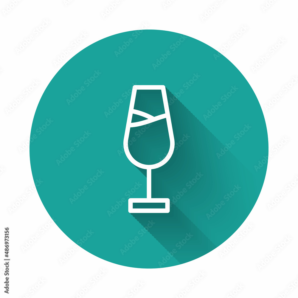 White line Wine glass icon isolated with long shadow. Wineglass sign. Green circle button. Vector White line Wine glass icon isolated with long shadow. Wineglass sign. Green circle button. Vector