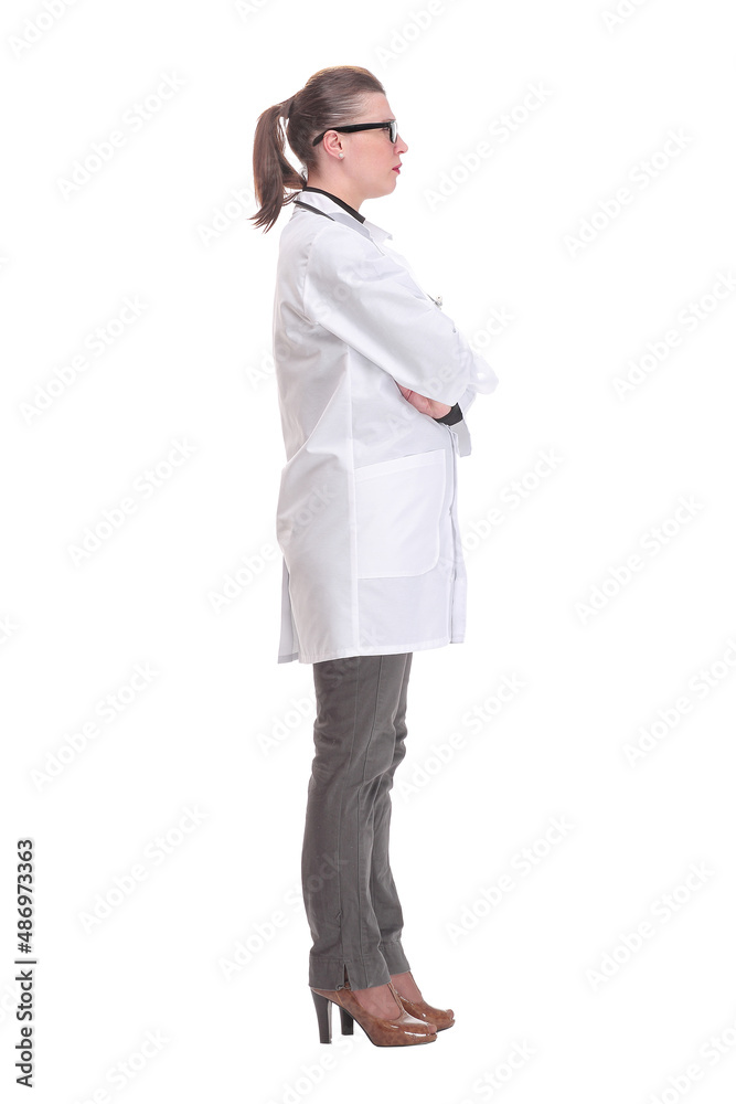 Middle age mature doctor woman wearing medical coat over isolated background smiling looking to the side with arms crossed Middle age mature doctor woman wearing medical coat over isolated background smiling looking to the side with arms crossed