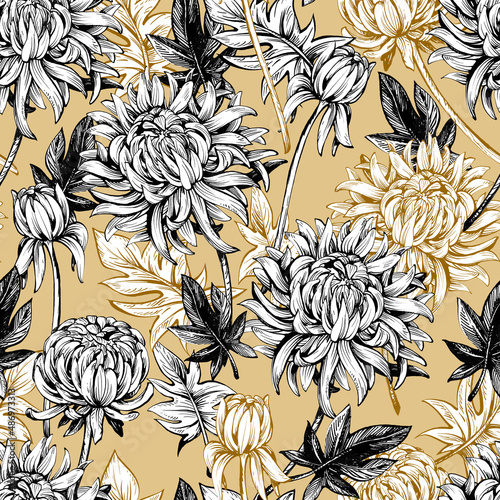 Illustration of graphic flowers and leaves. Seamless pattern for wallpaper and fabric design.