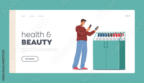 Health and Beauty Landing Page Template. Customer Purchase Medicament in Drugstore. Man Choose Drug at Pharmacy