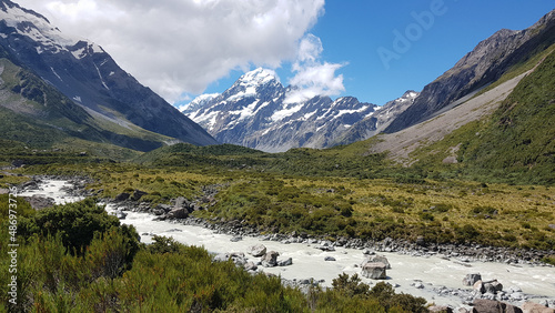 River and valley among the mountains at Mount Cook National park  New Zealand