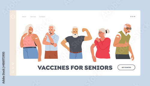 Vaccinated Old People Landing Page Template. Positive Senior Characters Show Patch on Shoulder. Elderly Immunization