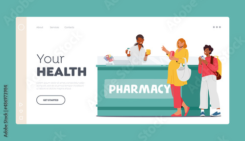 Healthcare Landing Page Template. Characters Shopping in Pharmacy Store, People Purchase Drugs and Paying on Counter