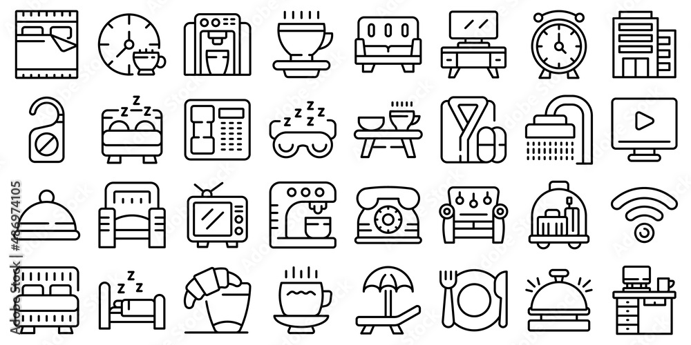 Coffee in bed icons set outline vector. Morning night. Relax breakfast
