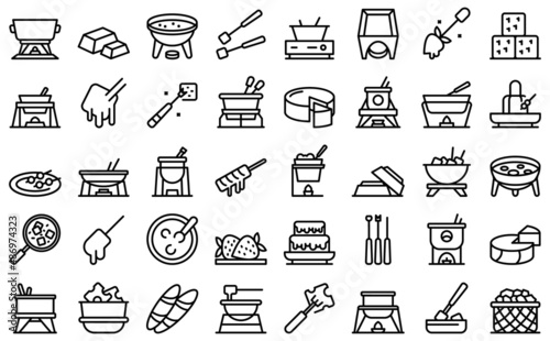 Fondue icons set outline vector. Cheese melted. Cooking cuisine