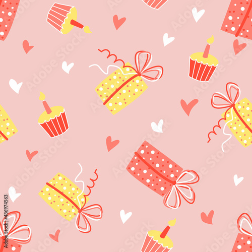 Valentine's day pattern seamless vector. Gift boxes and cupcakes pattern for birthday. Pattern for gift wrapping and printing on textiles