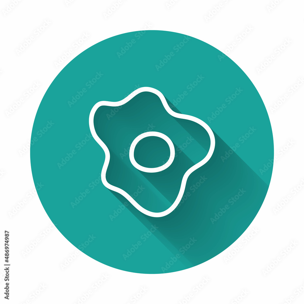White line Scrambled eggs icon isolated with long shadow background. Home cooked food, fried egg, healthy breakfast, omelet icon. Green circle button. Vector
