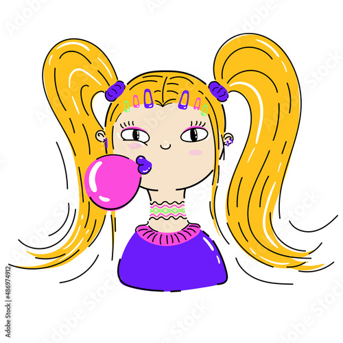 Vector character illustration. Portrait of a girl with pig tails and tendrils hairstyle, hairpins and choker necklace. She is chewing and blowing bubble gum. 90's fashion trends.