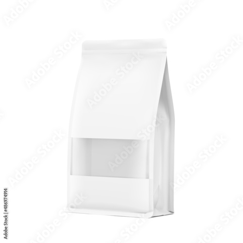 Stand bag with transparent window mockup on white background. With the transparent window and screen mode overlay, it's easy to make a realistic mockup of your product. Vector illustration. EPS10.	