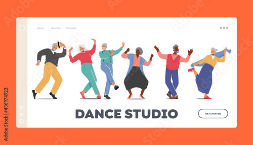 Dance Studio Landing Page Template. Old Men and Women Dancing. Senior Pensioners in Fashioned Clothes Relaxing