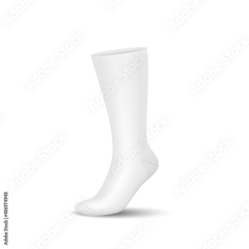 Template of white long sock length on invisible leg realistic. Blank sport sock mockup for design