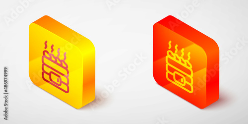 Isometric line Hot sauna stones icon isolated on grey background. Spa resort recreation, bathhouse relaxation. Hot stones on electric heater. Yellow and orange square button. Vector