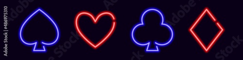 Neon card suit symbols. Blue clubs and spades for a gambling poker game. Glowing heart and diamonds for lucky vector win and jackpot