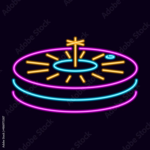 Neon game roulette. Gambling wheel with luminous stripes and spinning ball. Lucky bets and cash prizes with rich vector jackpot