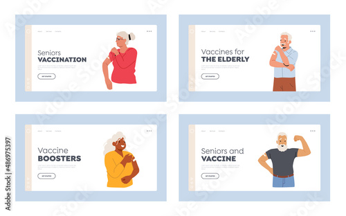 Aged People Vaccination, Health Care Concept Landing Page Template Set. Vaccinated Senior Characters Immunization