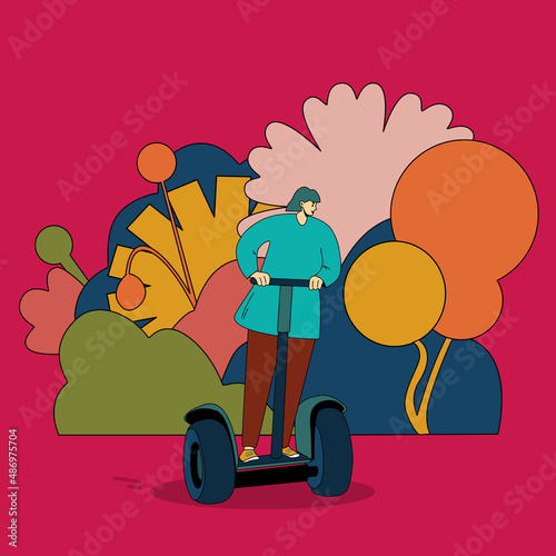 A girl rides a segway. A woman on a scooter on a background of flowers. Colorful illustration of electric transport. Eco-friendly transport