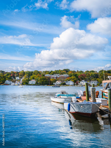 Seascape with moored boats at the Mystic River, Connecticut