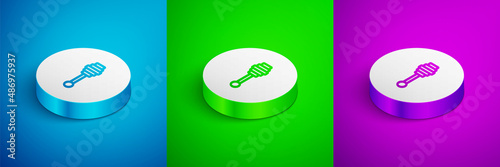 Isometric line Honey dipper stick icon isolated on blue, green and purple background. Honey ladle. White circle button. Vector