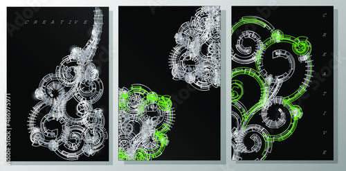 Mechanical Abstract backgrounds, Technology gears  with geometric wheels. Modern brochure set, mechanism industrial concept. Black and fluorescent green color. 